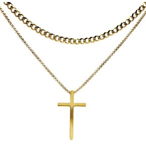 Layered Cuban Chain Cross Necklace for Men 316L Stainless Steel 18K Gold/Black Plated Trendy Cool Simple 5mm Italy Curb Link Chain Cross Charm Pendant Necklace for Women Teen Boys