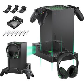 Wall Mount for Xbox Series X, Wall Mount Kit for Xbox Series X with 2 Controller Holder & Headphone Hook, Integrated and Heat Ventilation Design, Mount Console Facing Forward