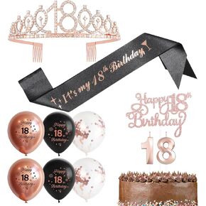 Pink 14pcs 4th Birthday Decorations for Girls, 4th Birthday Gifts for Her, Happy 4th Birthday Cake Toppers, Birthday Queen Sash, Tiara Crown, 4th Birthday Candles & 4th Birthday Balloons Set