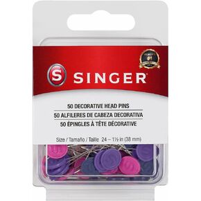 SINGER Decorative Flat Head Pins, Size 24, 50 Count: Assorted Colors, Rust-Resistant Nickel-Plated Steel Pins for Sewing, Quilting, and Crafts