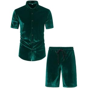 KISSQIQI Mens Tracksuits 2 Piece Velour Short Sleeve Shirt Sets Casual Button Down Velvet 80s 90s tracksuit Outfits