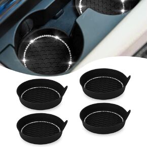 QODOLSI 4 PCS Bling Car Rhinestone Cup Holder Coaster, 2.75" Dia 0.59" High Round Plug-in Coaster with Portable Small Handle, Diamond Lattice 3D Nonslip Drink Mat, Universal for Car Accessory (Black)