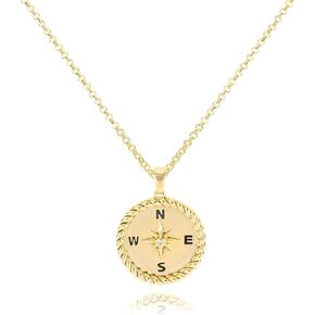 Gold Compass Pendant Necklace for Women Girls 14K Gold Plated Compass Coin Necklace with Cubic Zirconia North Star Adjustable Chain Round Charm Travel Jewelry Inspirational Graduation Gift for Her