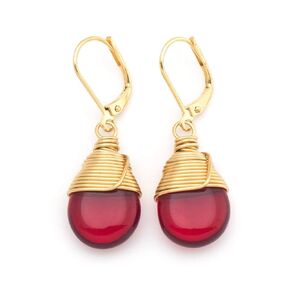 Red Czech Glass Wire-wrapped Drop Gold Lever-back Earrings 1.4 Inches