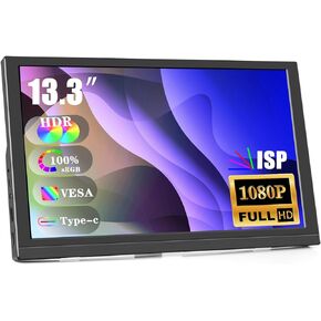 13.3Inch Small Portable Monitor for Laptop Full HD IPS 1920X1080 HDR Gaming Monitor HDMI Type-C Built-in Speakers and Travel Gaming Monitor for Laptop/Computer/PC/Mac/PS4/5/Xbox/Switch/Mobile