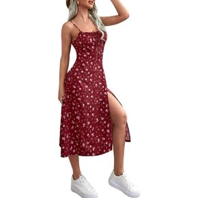 Bonkwa Women Summer Floral Midi Dresses Sleeveless Ruched Bust High Waist Casual Dress Sundress Long Dresses Slit Cami Dress