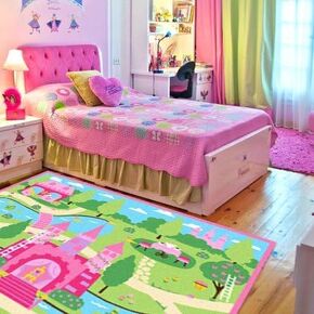 LELVA Cartoon Castle Girls Bedroom Rugs,Delicate Little Flowers Bedroom Floor Rugs,Cute Colorful Cartoon Kids Living Room Carpet