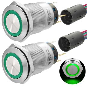 19mm Momentary Push Button Switch 3/4“ 24V 1NO 1NC SPDT Waterproof IP67 Stainless Steel with Wire Socket Plug CE Certification 2 Pcs (Momentary-12V, White)