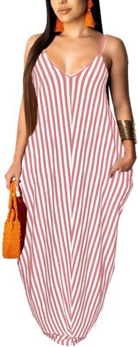 فستان LightlyKiss نسائي صيفي كاجوال مثير مخطط فضفاض ماكسي 2024 بدون أكمام مقاس كبير فستان الشمس مع جيوب in Kuwait