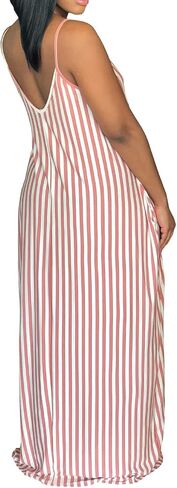 فستان LightlyKiss نسائي صيفي كاجوال مثير مخطط فضفاض ماكسي 2024 بدون أكمام مقاس كبير فستان الشمس مع جيوب in Kuwait