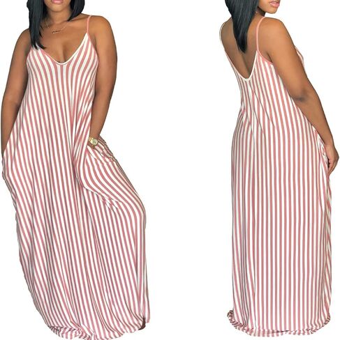 فستان LightlyKiss نسائي صيفي كاجوال مثير مخطط فضفاض ماكسي 2024 بدون أكمام مقاس كبير فستان الشمس مع جيوب in Kuwait