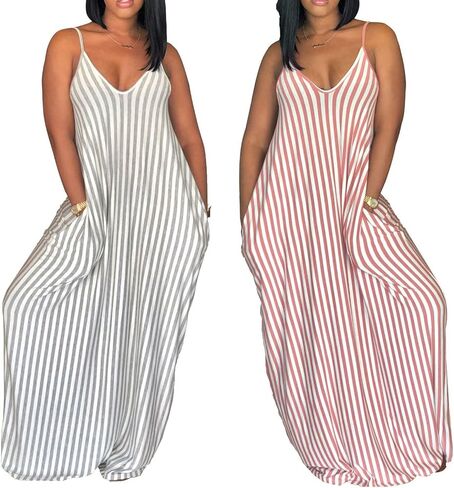 فستان LightlyKiss نسائي صيفي كاجوال مثير مخطط فضفاض ماكسي 2024 بدون أكمام مقاس كبير فستان الشمس مع جيوب in Kuwait