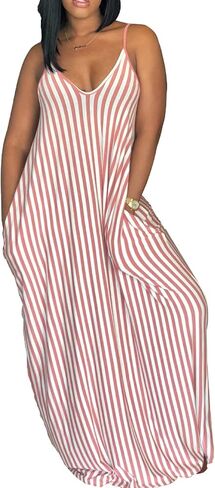 فستان LightlyKiss نسائي صيفي كاجوال مثير مخطط فضفاض ماكسي 2024 بدون أكمام مقاس كبير فستان الشمس مع جيوب in Kuwait