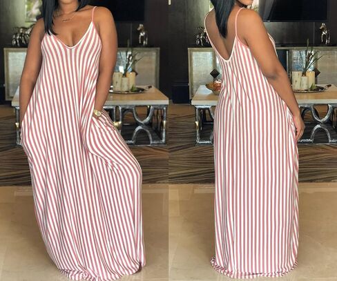 فستان LightlyKiss نسائي صيفي كاجوال مثير مخطط فضفاض ماكسي 2024 بدون أكمام مقاس كبير فستان الشمس مع جيوب in Kuwait