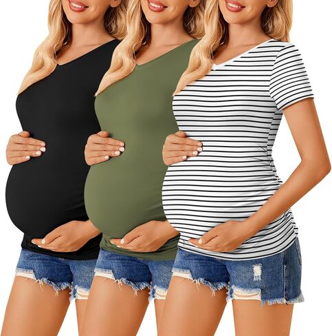 Ekouaer Womens Maternity Shirts 3 Packs V Neck Tops Tunic Pregnancy Clothes Side Ruched Short Sleeve Casual T Shirt S-XXL in Saudi Arabia