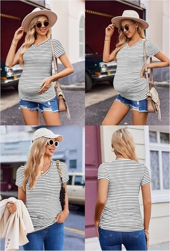 Ekouaer Womens Maternity Shirts 3 Packs V Neck Tops Tunic Pregnancy Clothes Side Ruched Short Sleeve Casual T Shirt S-XXL in Saudi Arabia