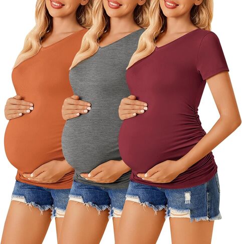 Ekouaer Womens Maternity Shirts 3 Packs V Neck Tops Tunic Pregnancy Clothes Side Ruched Short Sleeve Casual T Shirt S-XXL in Saudi Arabia