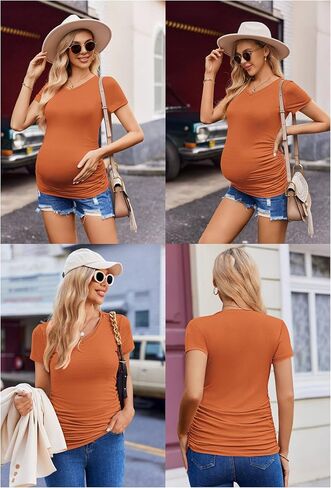 Ekouaer Womens Maternity Shirts 3 Packs V Neck Tops Tunic Pregnancy Clothes Side Ruched Short Sleeve Casual T Shirt S-XXL in Saudi Arabia