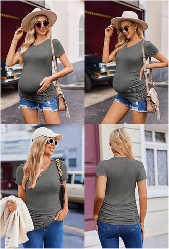 Ekouaer Womens Maternity Shirts 3 Packs V Neck Tops Tunic Pregnancy Clothes Side Ruched Short Sleeve Casual T Shirt S-XXL in Saudi Arabia