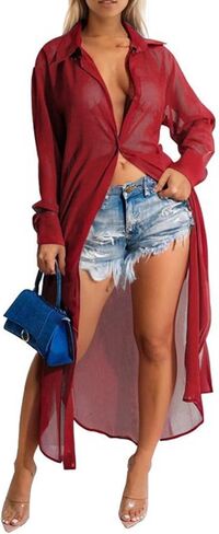 Womens Long Sleeve Button Down Cover Up Sexy Sheer Mesh Maxi Shirts Dress Beach Cardigan See Through Kimono in Saudi Arabia