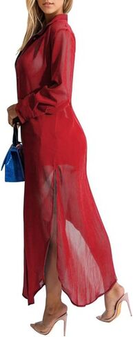 Womens Long Sleeve Button Down Cover Up Sexy Sheer Mesh Maxi Shirts Dress Beach Cardigan See Through Kimono in Saudi Arabia