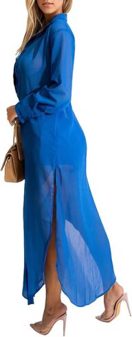 Womens Long Sleeve Button Down Cover Up Sexy Sheer Mesh Maxi Shirts Dress Beach Cardigan See Through Kimono in Saudi Arabia