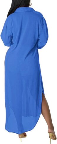 Womens Long Sleeve Button Down Cover Up Sexy Sheer Mesh Maxi Shirts Dress Beach Cardigan See Through Kimono in Saudi Arabia