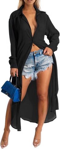Womens Long Sleeve Button Down Cover Up Sexy Sheer Mesh Maxi Shirts Dress Beach Cardigan See Through Kimono in Saudi Arabia