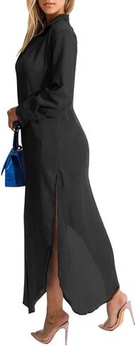 Womens Long Sleeve Button Down Cover Up Sexy Sheer Mesh Maxi Shirts Dress Beach Cardigan See Through Kimono in Saudi Arabia
