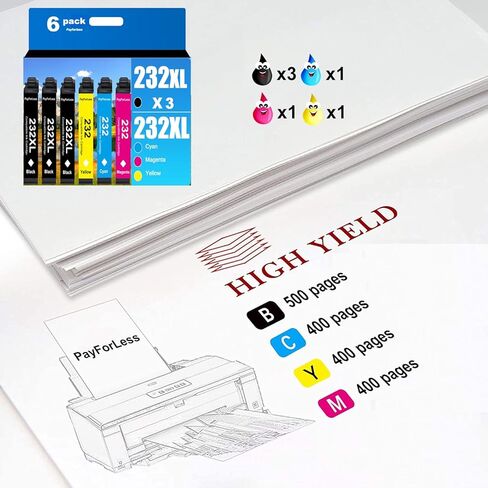 232XL مُعاد تصنيعها لخرطوشة الحبر Epson 232 لخرطوشة الحبر Epson 232XL T232 XL لطابعة Epson XP-4200 XP-4205 Epson Workforce WF-2930 WF-2950، 6 عبوات 3 أسود 1 سماوي 1 أرجواني 1 أصفر in Kuwait
