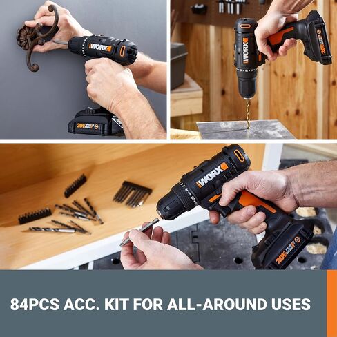 Worx 20V 3/8" Cordless Drill with 84pc Accessory Kit, Variable 2-Speed Drill Set 265 In-Lbs Torque 20+1 Clutch, Lightweight Compact Drill Driver 3/8-Inch Keyless Chuck – Battery & Charger Included in Saudi Arabia