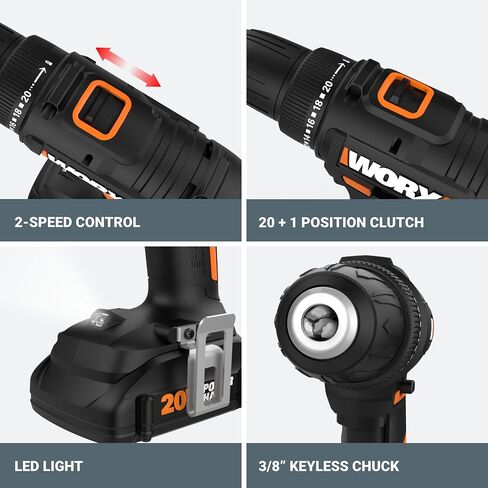 Worx 20V 3/8" Cordless Drill with 84pc Accessory Kit, Variable 2-Speed Drill Set 265 In-Lbs Torque 20+1 Clutch, Lightweight Compact Drill Driver 3/8-Inch Keyless Chuck – Battery & Charger Included in Saudi Arabia