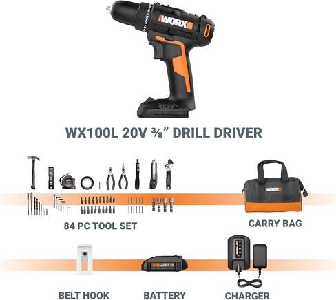 Worx 20V 3/8" Cordless Drill with 84pc Accessory Kit, Variable 2-Speed Drill Set 265 In-Lbs Torque 20+1 Clutch, Lightweight Compact Drill Driver 3/8-Inch Keyless Chuck – Battery & Charger Included in Saudi Arabia