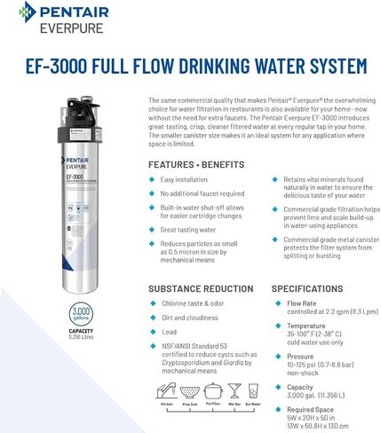 خرطوشة فلتر Pentair Everpure EF-3000 سريعة التغيير، EV985750، للاستخدام في نظام مياه الشرب ذو التدفق الكامل Everpure EF-3000، سعة 3000 جالون، 0.5 ميكرون in Kuwait