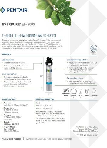 خرطوشة فلتر Pentair Everpure EF-3000 سريعة التغيير، EV985750، للاستخدام في نظام مياه الشرب ذو التدفق الكامل Everpure EF-3000، سعة 3000 جالون، 0.5 ميكرون in Kuwait