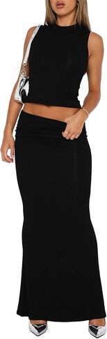 Two Piece Skirt Set for Women Summer Going Out Outfits Sleeveless Crop Tank Tops and Sexy Bodycon Maxi Skirts Set in Saudi Arabia