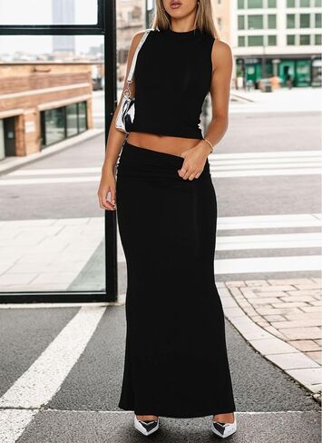 Two Piece Skirt Set for Women Summer Going Out Outfits Sleeveless Crop Tank Tops and Sexy Bodycon Maxi Skirts Set in Saudi Arabia