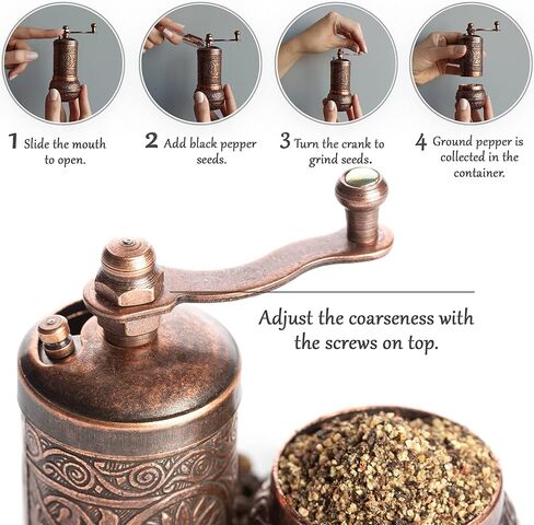Decorative Black Pepper Grinder, Refillable Turkish Spice Mill with Adjustable Coarseness, Manual Pepper Mill with Handle, Spice Grinder Metal with Hand Crank, Copper in Kuwait