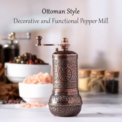 Decorative Black Pepper Grinder, Refillable Turkish Spice Mill with Adjustable Coarseness, Manual Pepper Mill with Handle, Spice Grinder Metal with Hand Crank, Copper in Kuwait