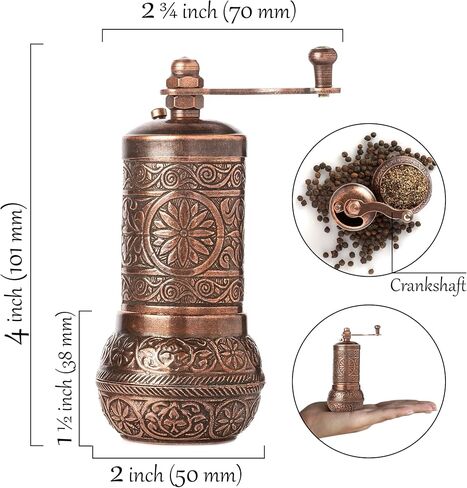 Decorative Black Pepper Grinder, Refillable Turkish Spice Mill with Adjustable Coarseness, Manual Pepper Mill with Handle, Spice Grinder Metal with Hand Crank, Copper in Kuwait