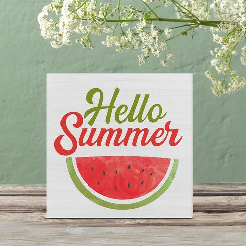 Hello Summer Wood Box Sign Desk Decor Summer Watermelon Wood Block Sign Decor for Home Kitchen Shelf Wall in Saudi Arabia