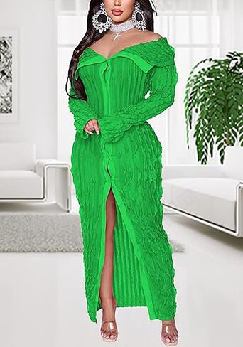 Sexy Off Shoulder Maxi Dress for Women See Through Button Down Pleated Long Sleeve Ruffle Long Dresses Night Out Clubwear in Saudi Arabia