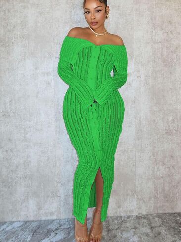 Sexy Off Shoulder Maxi Dress for Women See Through Button Down Pleated Long Sleeve Ruffle Long Dresses Night Out Clubwear in Saudi Arabia