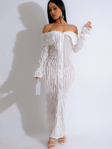 Sexy Off Shoulder Maxi Dress for Women See Through Button Down Pleated Long Sleeve Ruffle Long Dresses Night Out Clubwear in Saudi Arabia