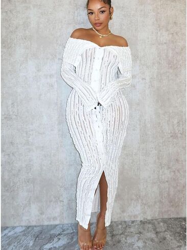 Sexy Off Shoulder Maxi Dress for Women See Through Button Down Pleated Long Sleeve Ruffle Long Dresses Night Out Clubwear in Saudi Arabia