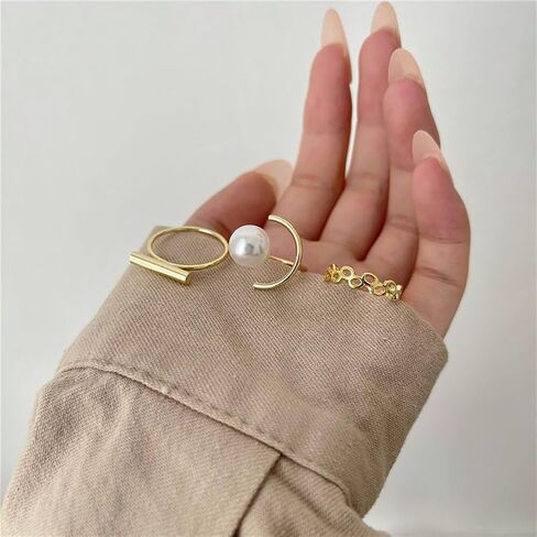 بوهو الذهب اللؤلؤ خواتم المفصل تكويم مجموعات للنساء في سن المراهقة الفتيات، لذيذ خمر ميدي خواتم خفيفة الوزن غير النظامية الهندسة مجوهرات الملحقات in Saudi Arabia