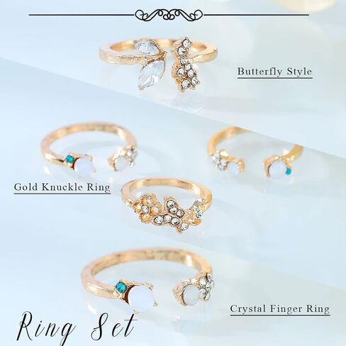 مجموعة خواتم المفصل الذهبية من Graeen خاتم فراشة قابل للتكديس كريستال منتصف الإصبع خاتم مفتوح للنساء والفتيات (عبوة من 7) in Kuwait
