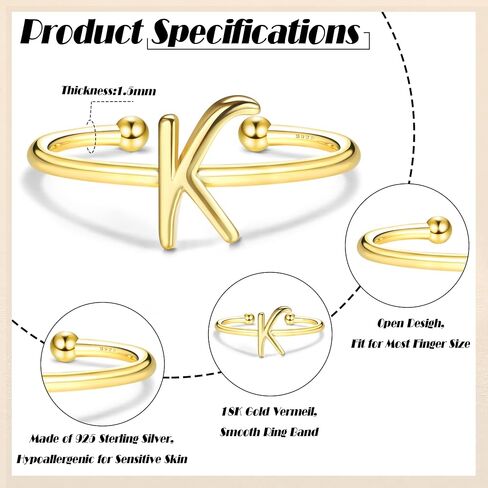 MILACOLATO 925 Sterling Silver Ring 14K Gold Plated Initial Adjustable Rings Alphabet Dainty Capital Letter Initial Rings Stackable Thumb Pinky Rings Jewelry Gifts Trendy Stuff in Saudi Arabia