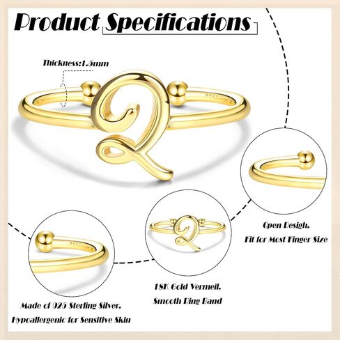 MILACOLATO 925 Sterling Silver Ring 14K Gold Plated Initial Adjustable Rings Alphabet Dainty Capital Letter Initial Rings Stackable Thumb Pinky Rings Jewelry Gifts Trendy Stuff in Saudi Arabia