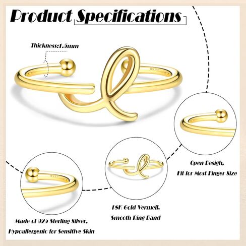 MILACOLATO 925 Sterling Silver Ring 14K Gold Plated Initial Adjustable Rings Alphabet Dainty Capital Letter Initial Rings Stackable Thumb Pinky Rings Jewelry Gifts Trendy Stuff in Saudi Arabia